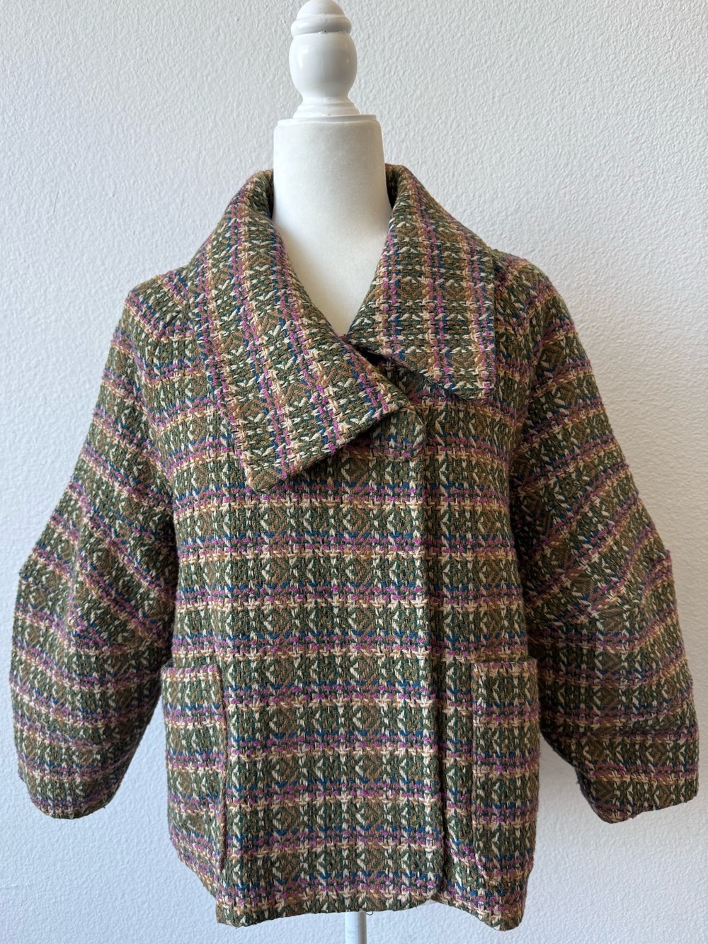 NVLT Oversized Bouclé Tweed Lantern-Sleeve Plaid Coat Jacket